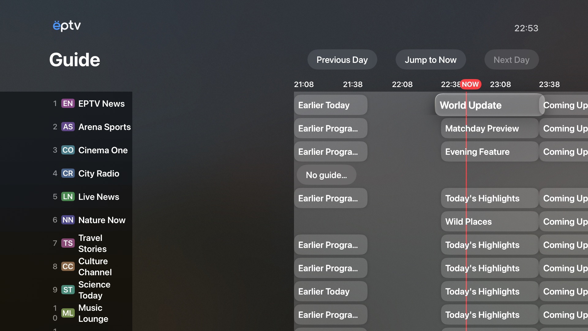 EPTV Apple TV guide showing channels and a programme timeline