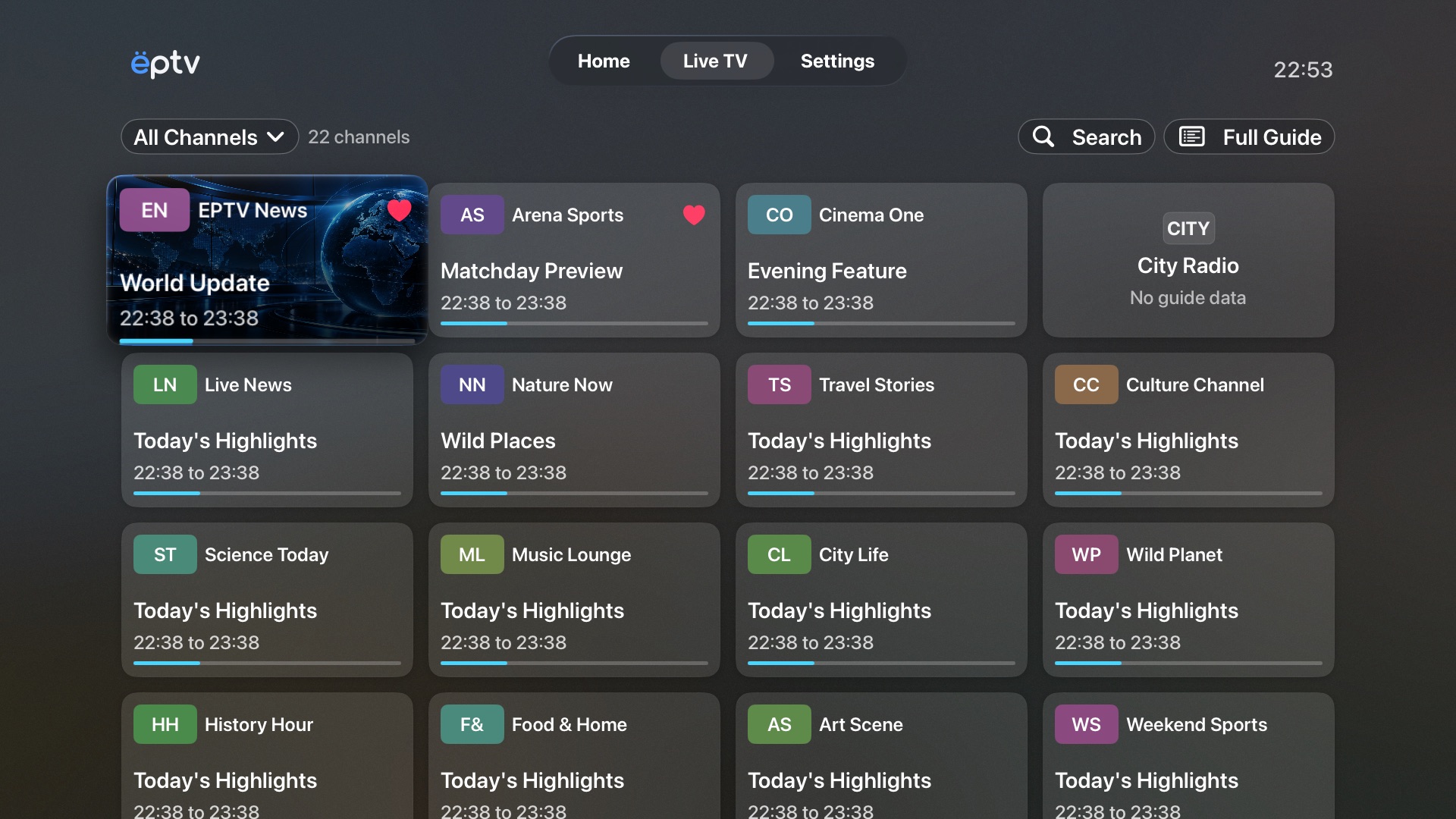 EPTV Apple TV Live TV screen showing a channel lineup, categories, and programmes
